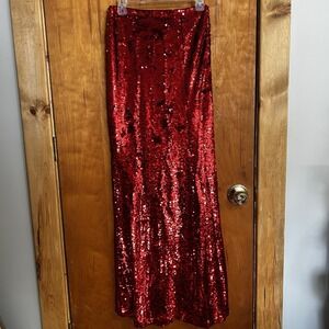 NEW‎ Johnny Wujek Red Luxe Sequin Maxi Holiday Christmas Lined Skirt Medium $99